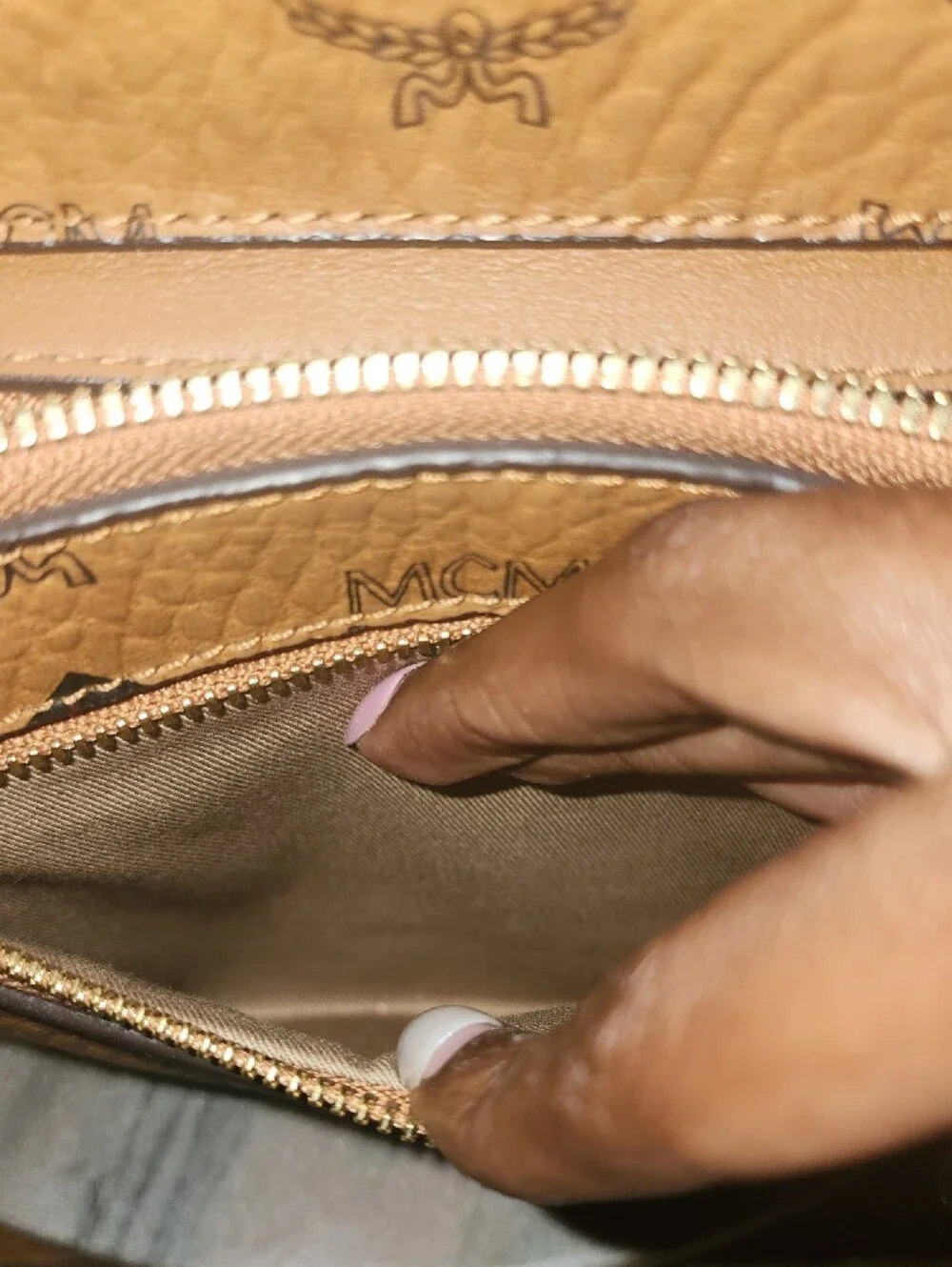 MCM Cognac Logo Visetos Backpack with Gold Hardware